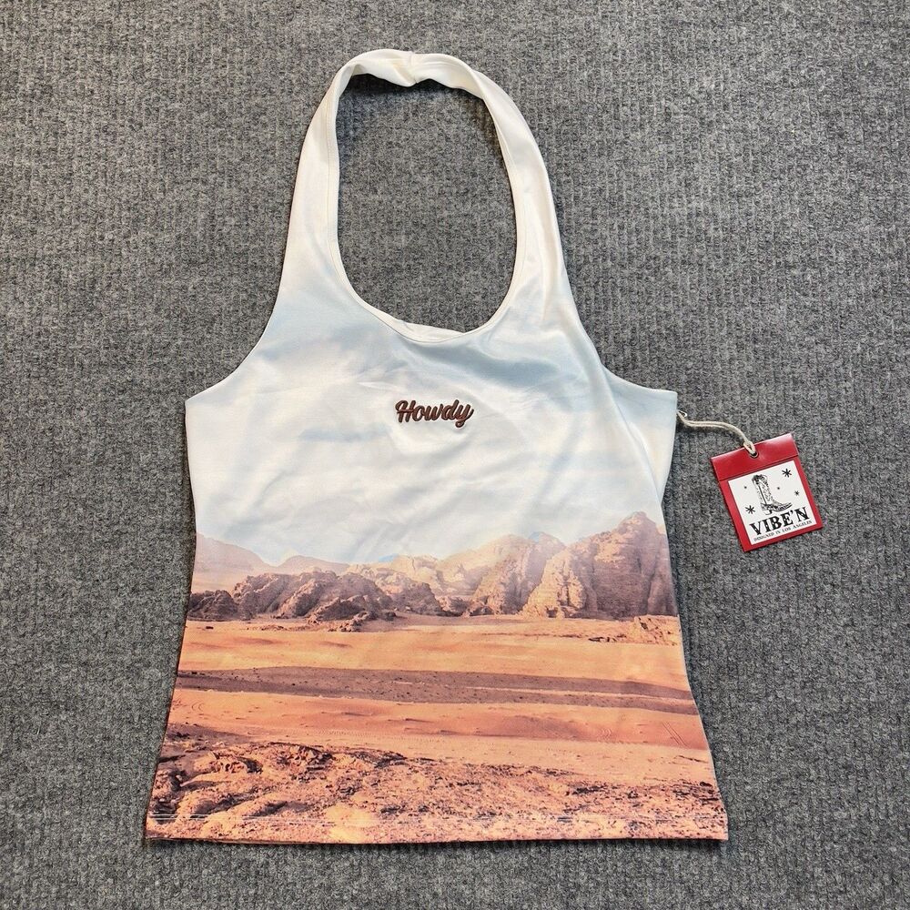 VIBE'N Howdy Size Large Western Cowboy Theme Halter Tank Top Built in Bra NEW